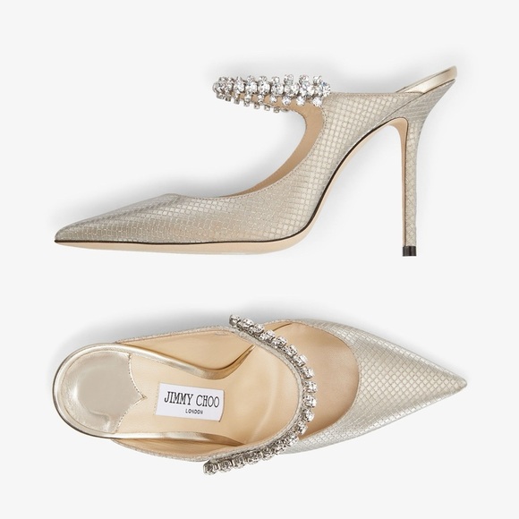 Jimmy Choo Gold Champagne Bing 100 Glitter Fabric Mules w/ Crystal Strap EU 37.5 - Picture 2 of 10